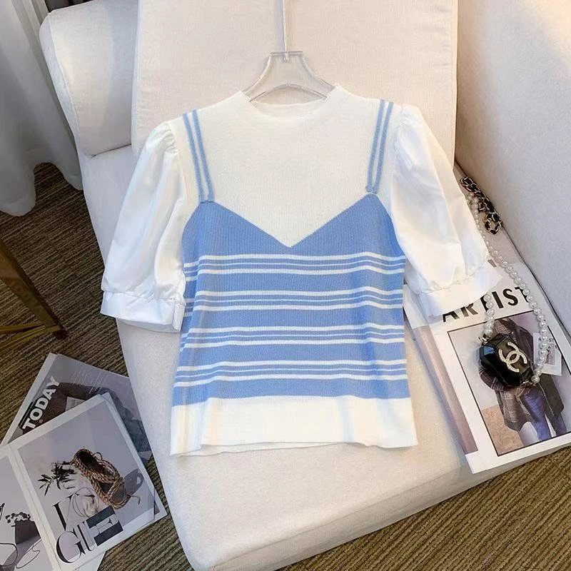 法式拼接假两件针织衫夏季新款条纹修身短款上衣时尚蛋糕裙套装