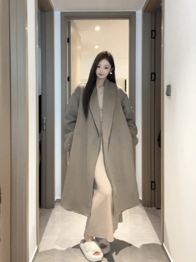 【闪闪】SHAN秋冬可拆卸内胆宽松百搭双面呢羊毛大衣+同色系毛领005