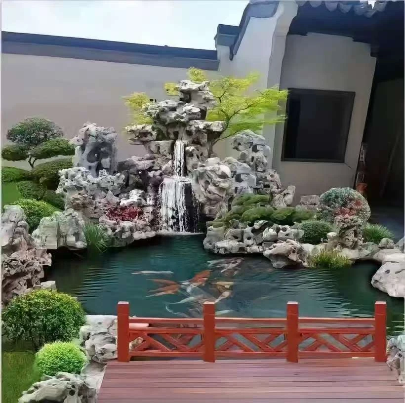太湖石千层石假山流水景观用于庭院鱼池喷泉造景