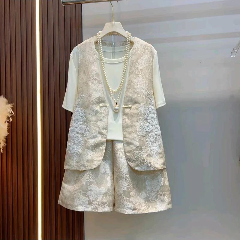 2025夏季新款女士欧洲站国风套装重工马甲大码胖MM百搭短裤三件套