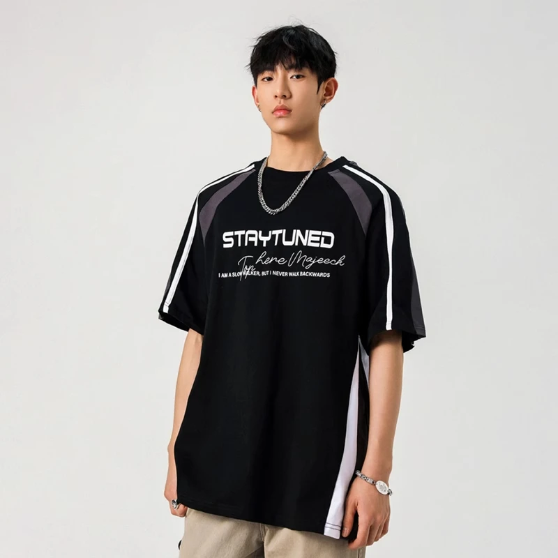 2-300加大码美式潮牌设计感字母拼接短袖男女夏季撞色重磅宽松T恤