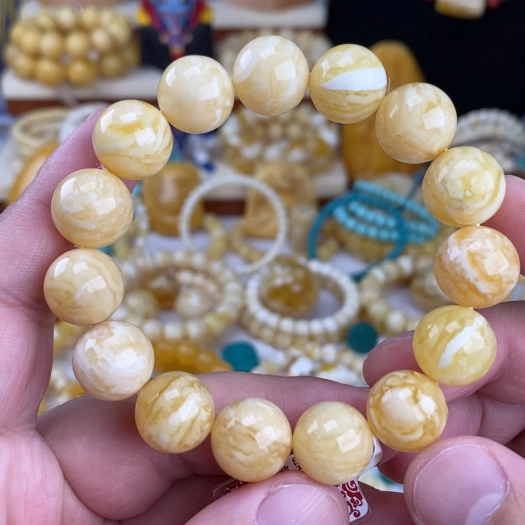 蜜蜡未镶嵌手链瓷白细纹虎皮14.3mm圆珠