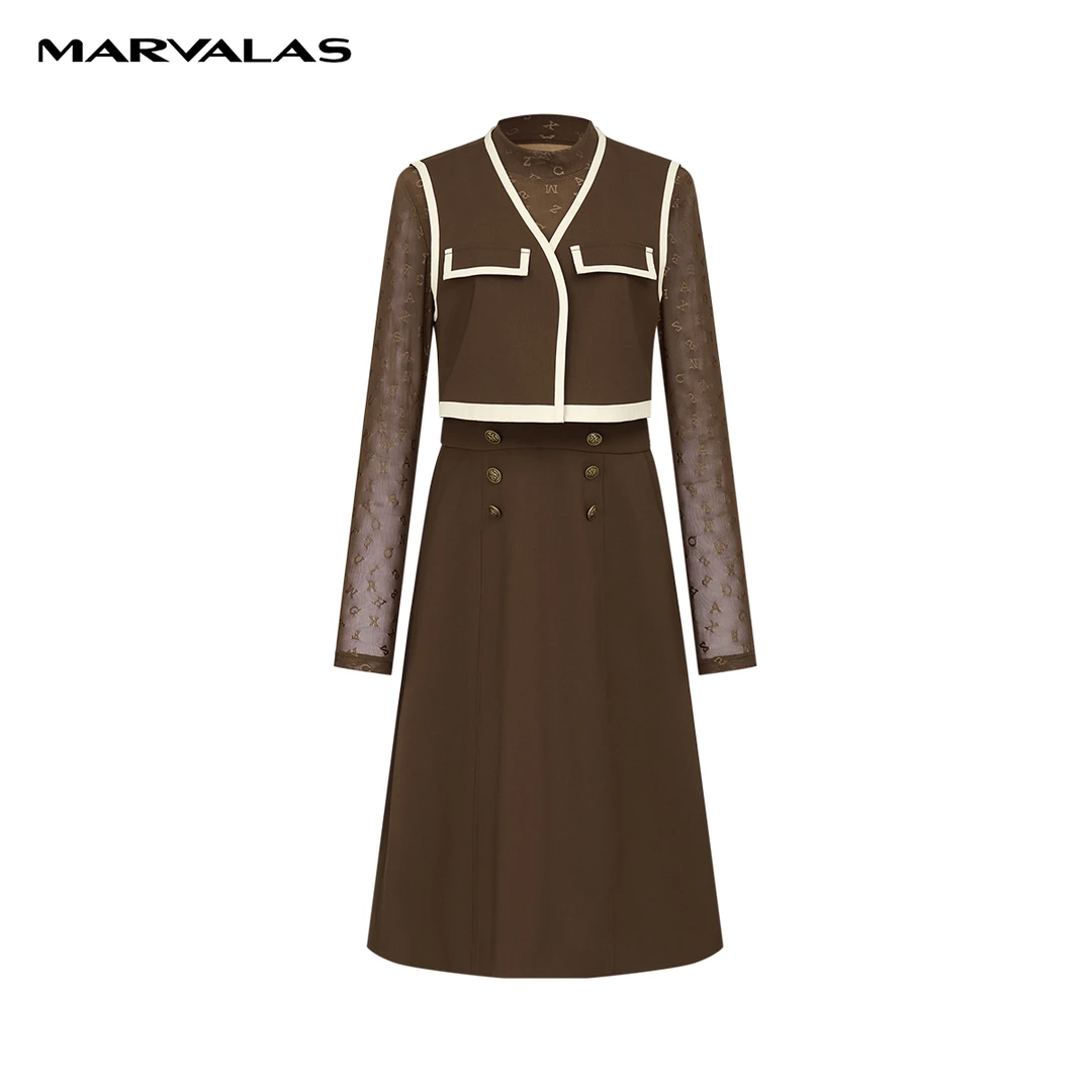 【丽公主】曼德诗高腰拼色连衣裙秋季长袖圆领网纱长裙M534305153