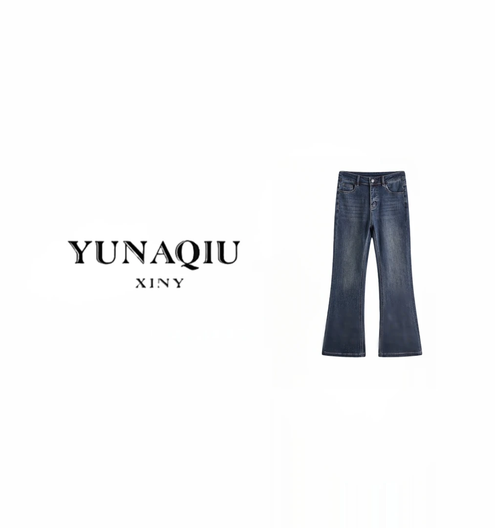 YUNAQIU-蓝色微喇做旧烫钻百搭牛仔裤-9898