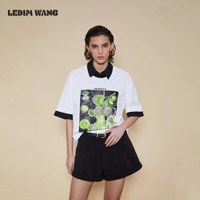 1LEDIM WANG假两件印花短袖T恤女纯棉白色百搭休闲宽松新款上衣