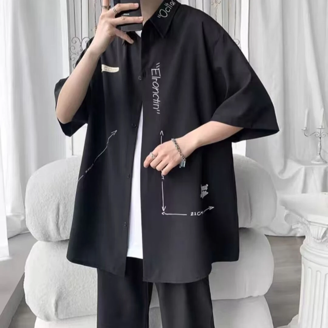夏季薄款痞帅冰丝衬衫宽松大码男装短袖oversize衬衣男装