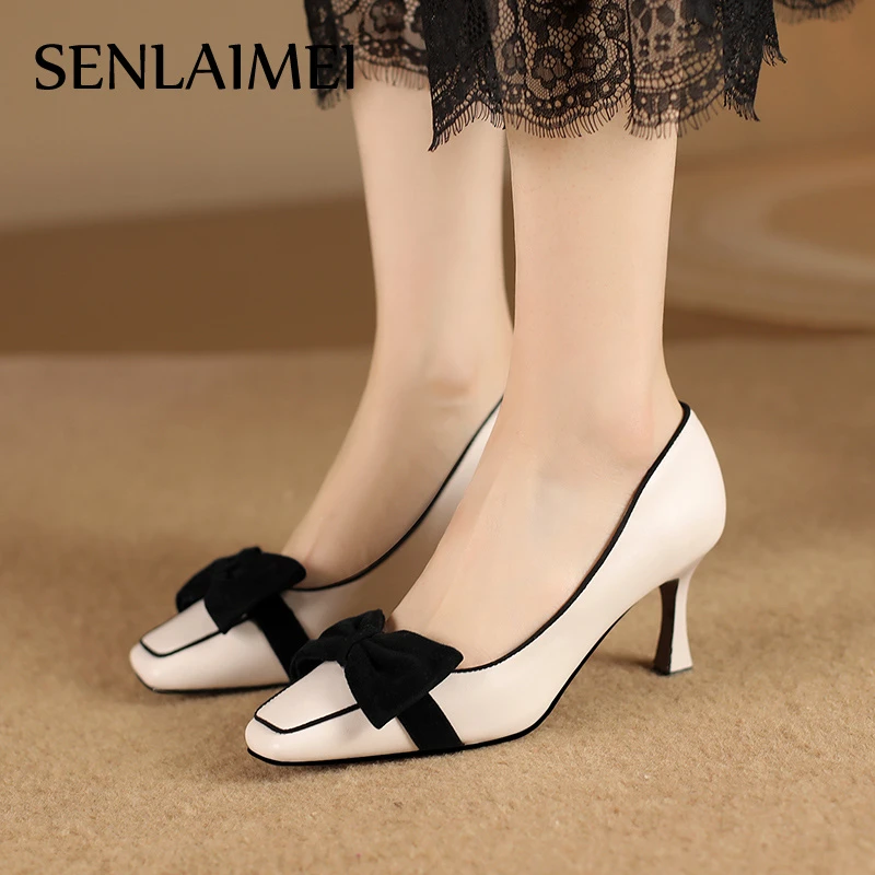 通勤款/牛皮/7CM春季法式8382通勤浅口方头蝴蝶结高跟鞋低帮女鞋