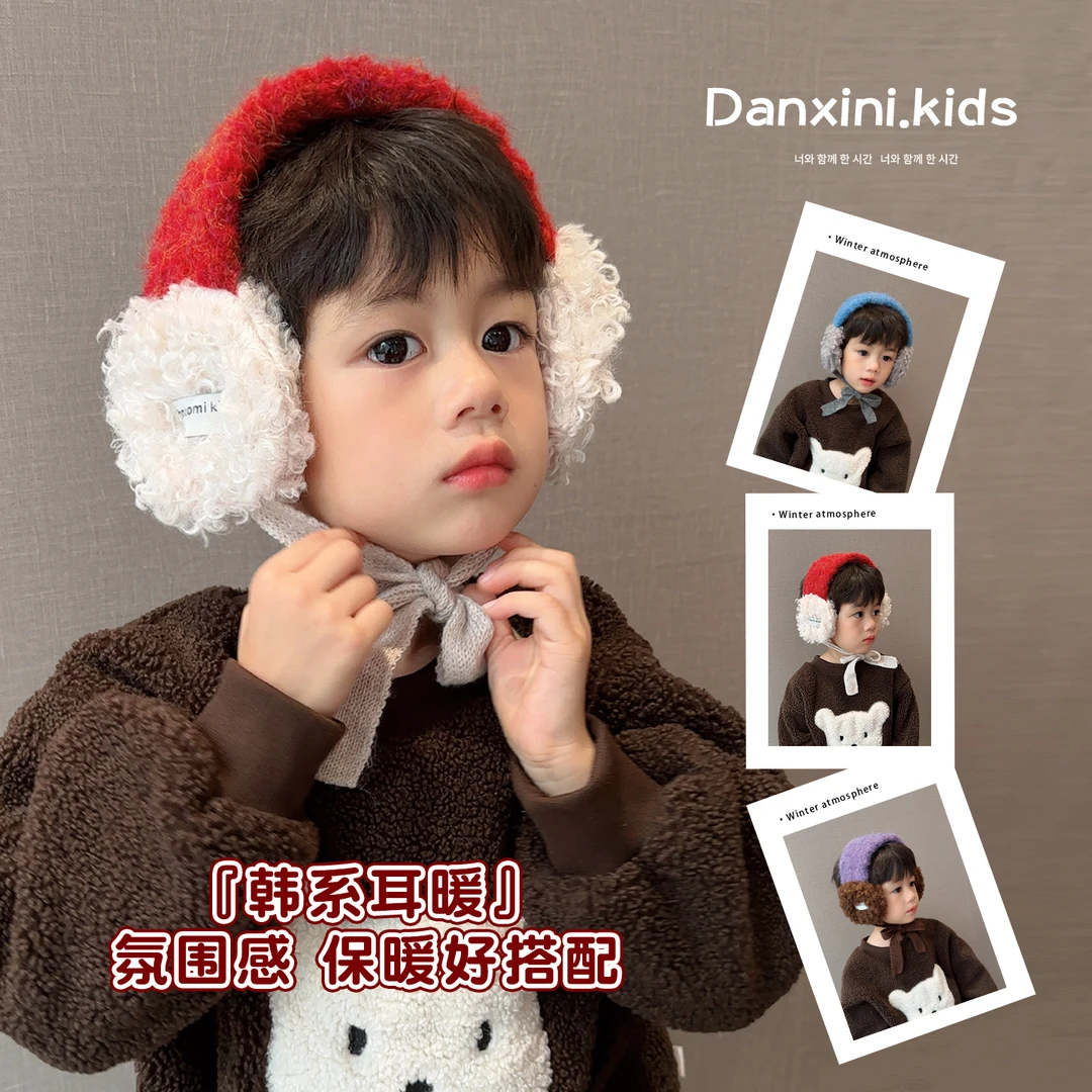 韩版拼色儿童耳罩加厚毛绒保暖护耳包宝宝冬季氛围系带毛绒耳套