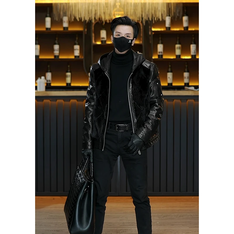 山羊皮+水貂皮毛 男士连帽夹克