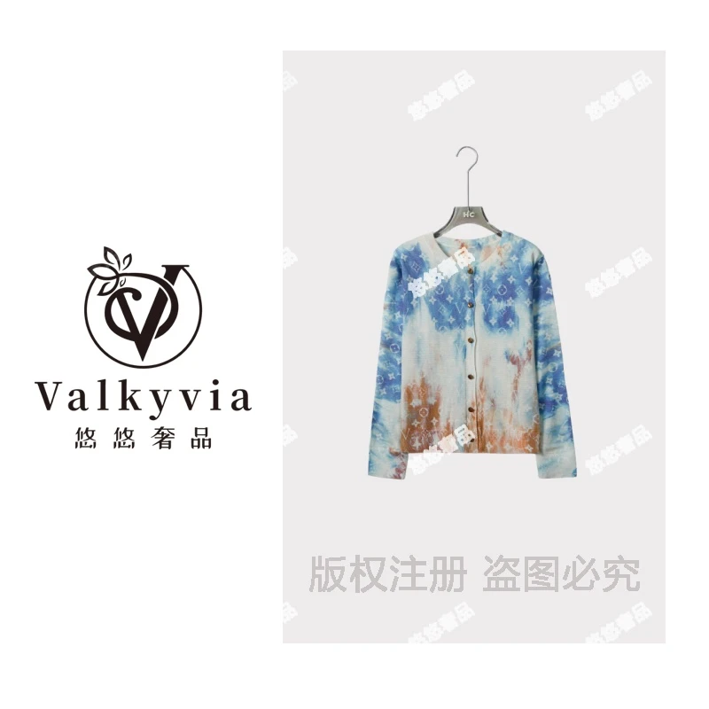 【Valkyvia/悠悠奢品】水墨鎏光蓝橙配色圆领针织衫上衣女7772