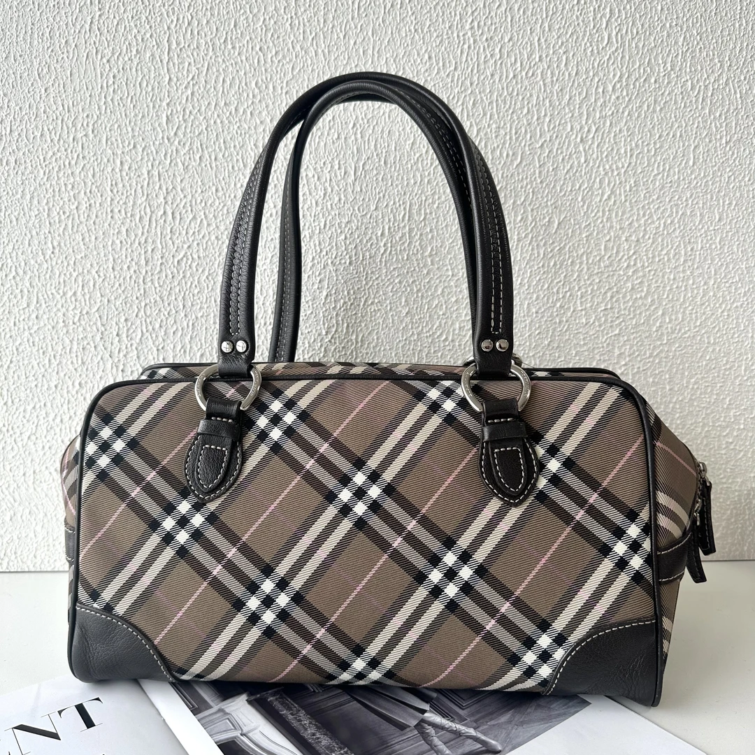 95新 BURBERRY/博柏利 XM/经典格纹拼皮波士顿手提包/JJ01923120