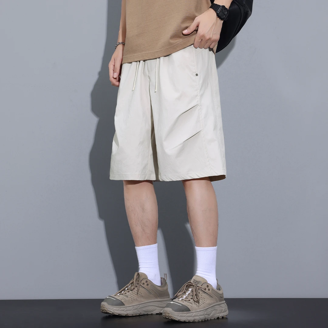 Kuvine褶皱短裤男夏季薄款透气宽松直筒休闲潮牌运动速干五分裤子