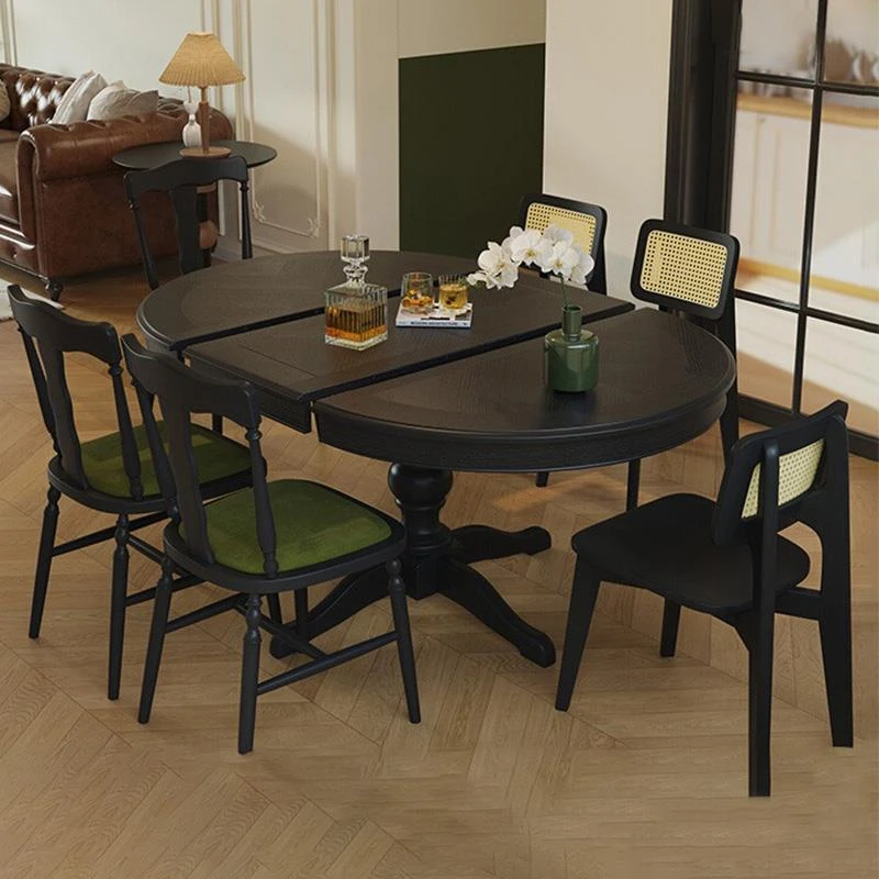 法式复古实木伸缩餐桌小户型家用吃饭桌中古风圆桌餐桌客厅大饭桌