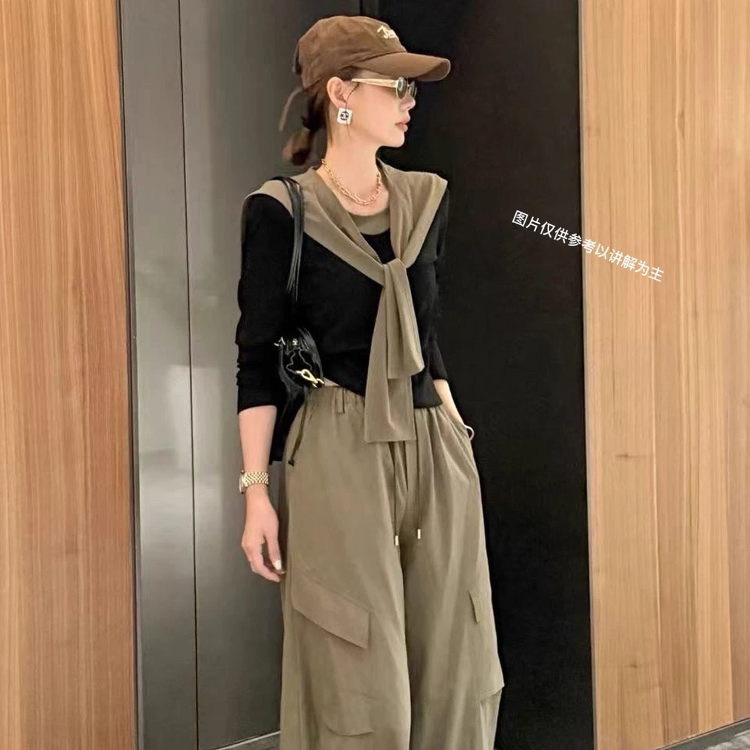 2025秋季新款大码女装拼色上衣披肩酷酷工装裤