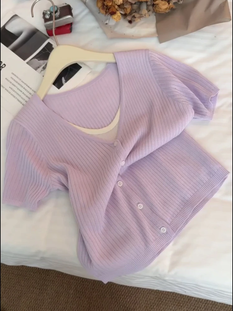 韩系紫色冰丝针织短袖t恤女夏季小个子别致短款假两件设计感上衣