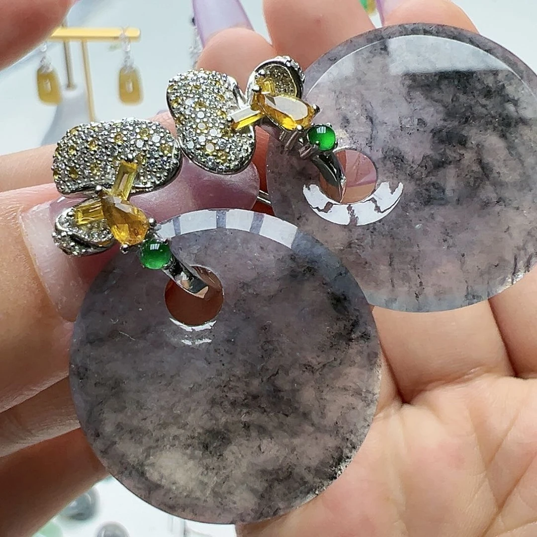 翡翠银S925镶嵌耳饰欣***朵天然缅甸A货翡翠