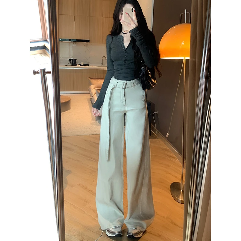 月光灰腰带垂感弯刀阔腿牛仔女2025年冬季新款高腰显瘦休闲长裤