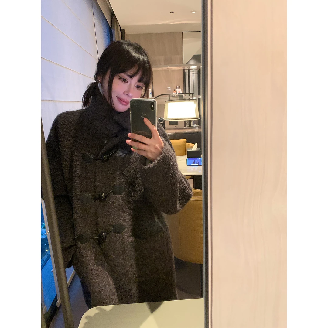ASM ANNA羊驼毛羊毛圈圈呢中长款茧型牛角扣大衣外套女A259BWT010