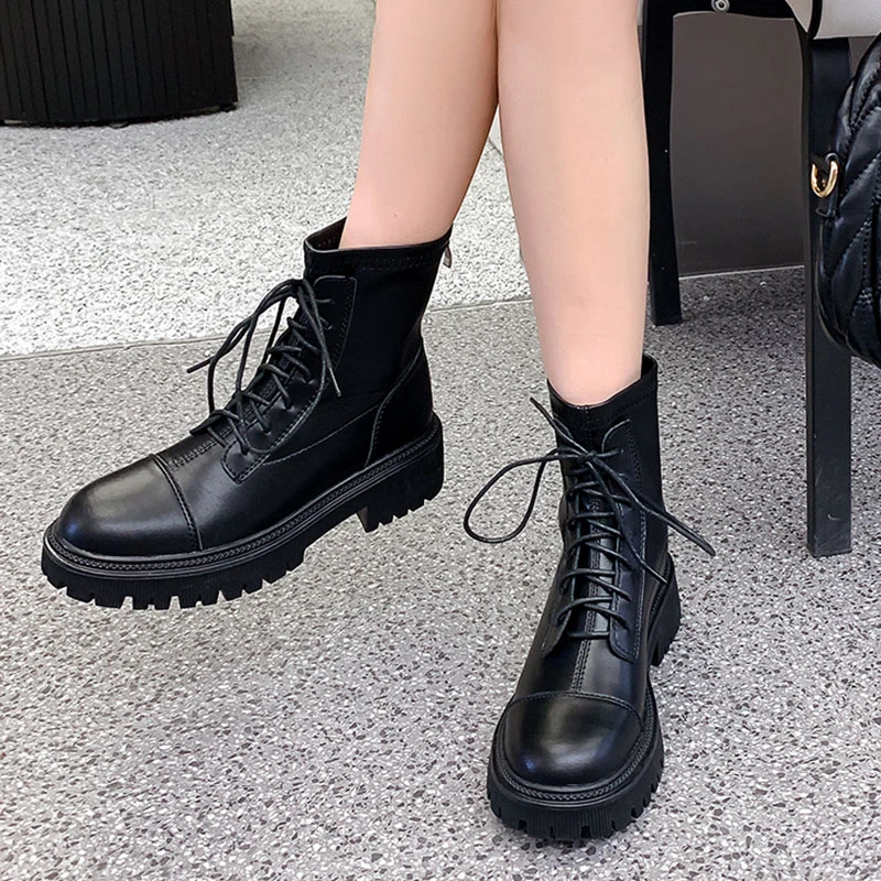 真皮百搭靴子女厚底短靴新款系带时装靴英伦马丁靴小个子瘦瘦靴