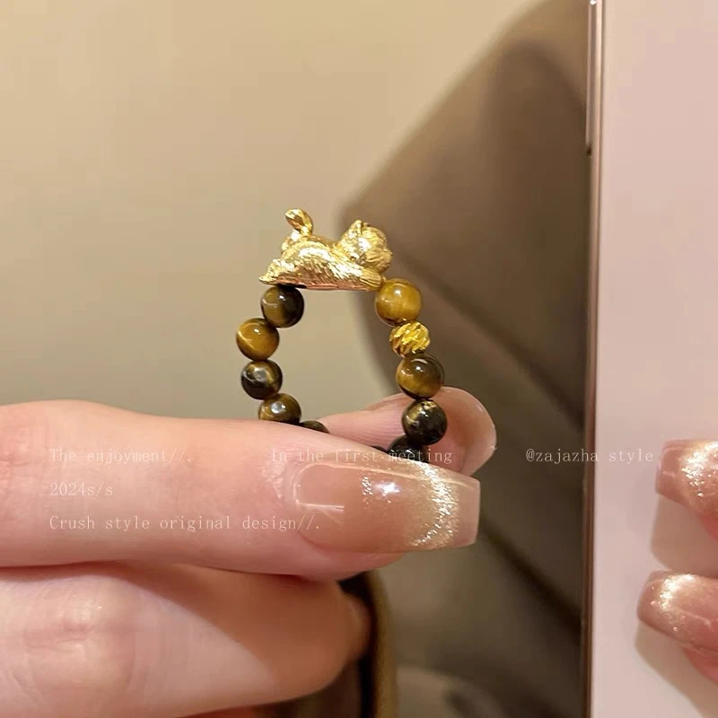 铜合金戒指 雅丹风虎眼石铜币串珠戒指女小众复古食指戒新款指环