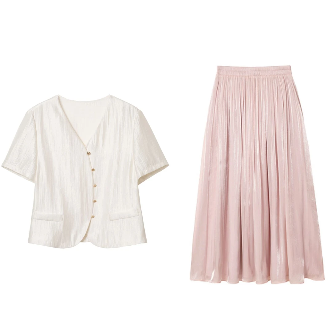 蓝语大码女装透气气质流光短袖上衣显瘦a字半身裙夏季套装06401