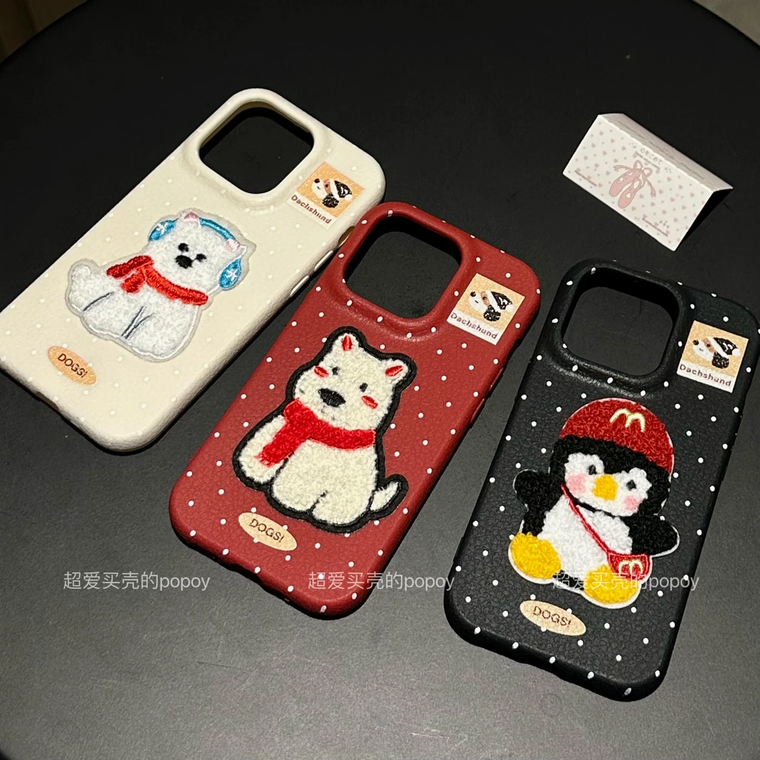 企鹅刺绣适用苹果/华为/荣耀/小米/红米/VIVO/OPPO一加全包手机壳