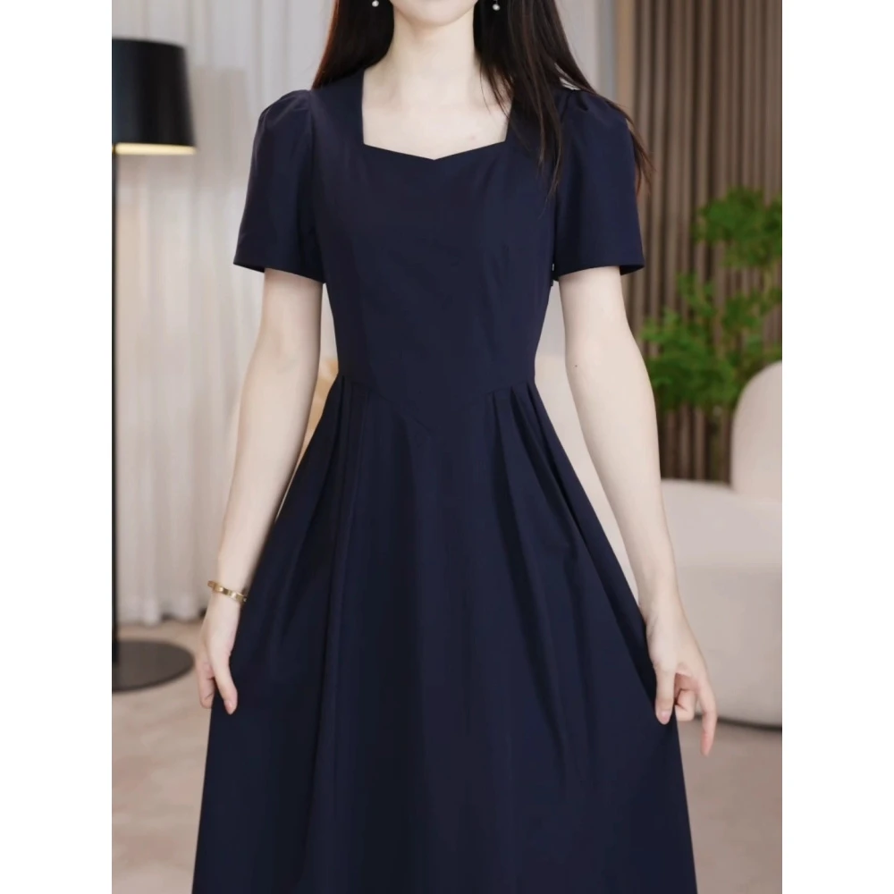 短袖裙子中长款裙子显瘦收腰裙夏季短袖赫本风连衣裙优雅时尚气质