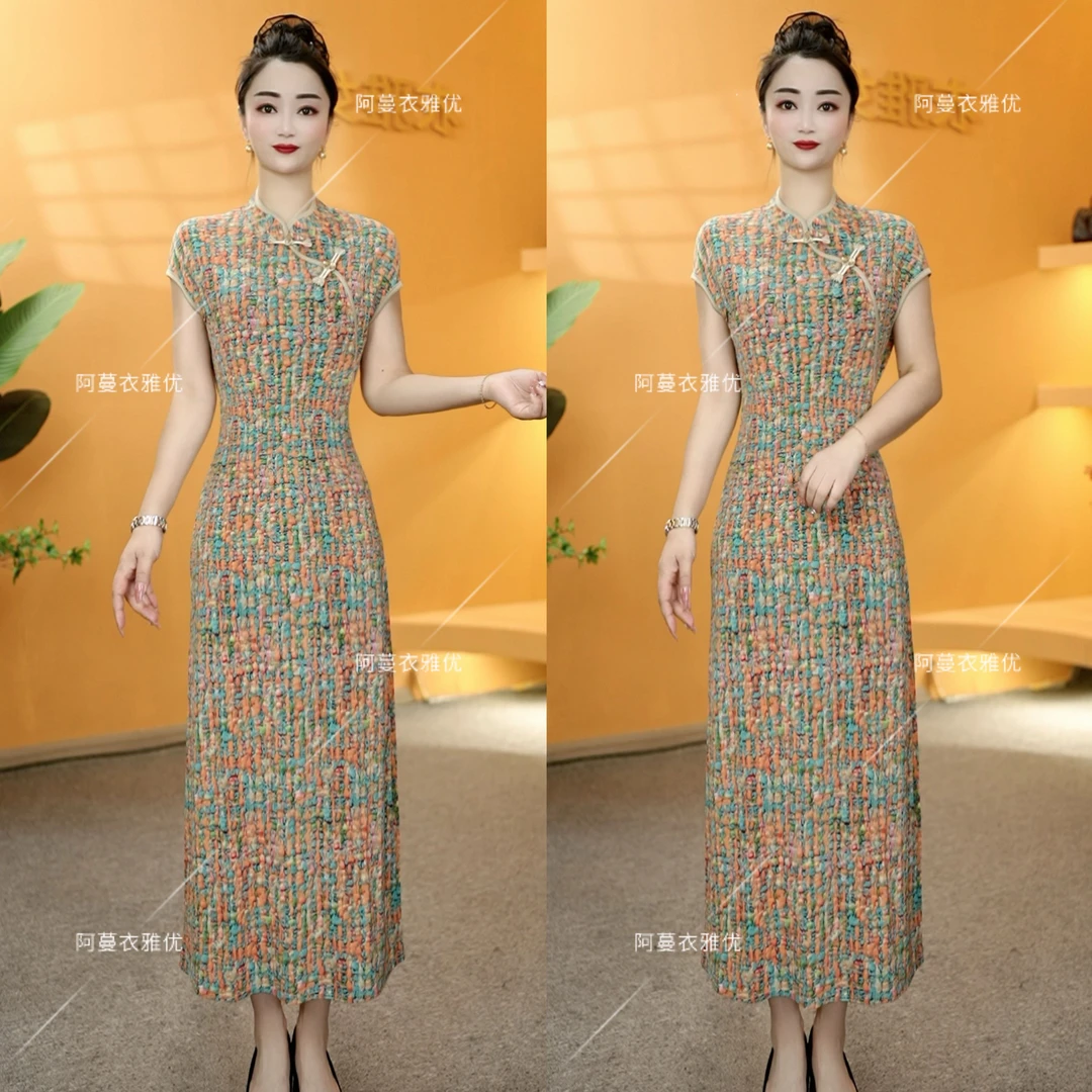 【衣雅严选】8082-2074#新款飞飞袖冰感丝气质显瘦斜襟旗袍连衣裙