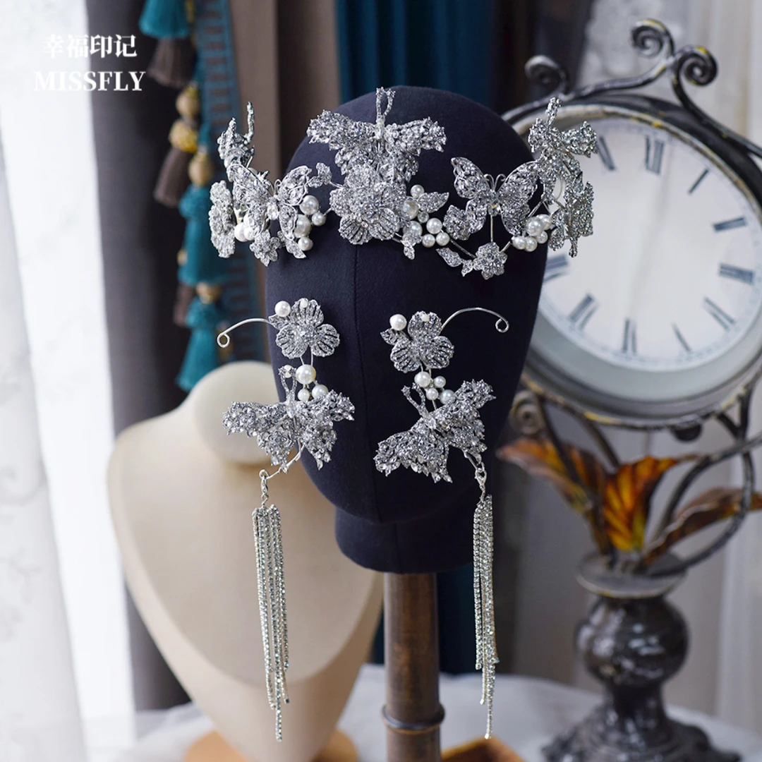 新娘头饰银色蝴蝶发饰头箍发夹流苏婚纱礼服配饰品韩式婚礼发饰