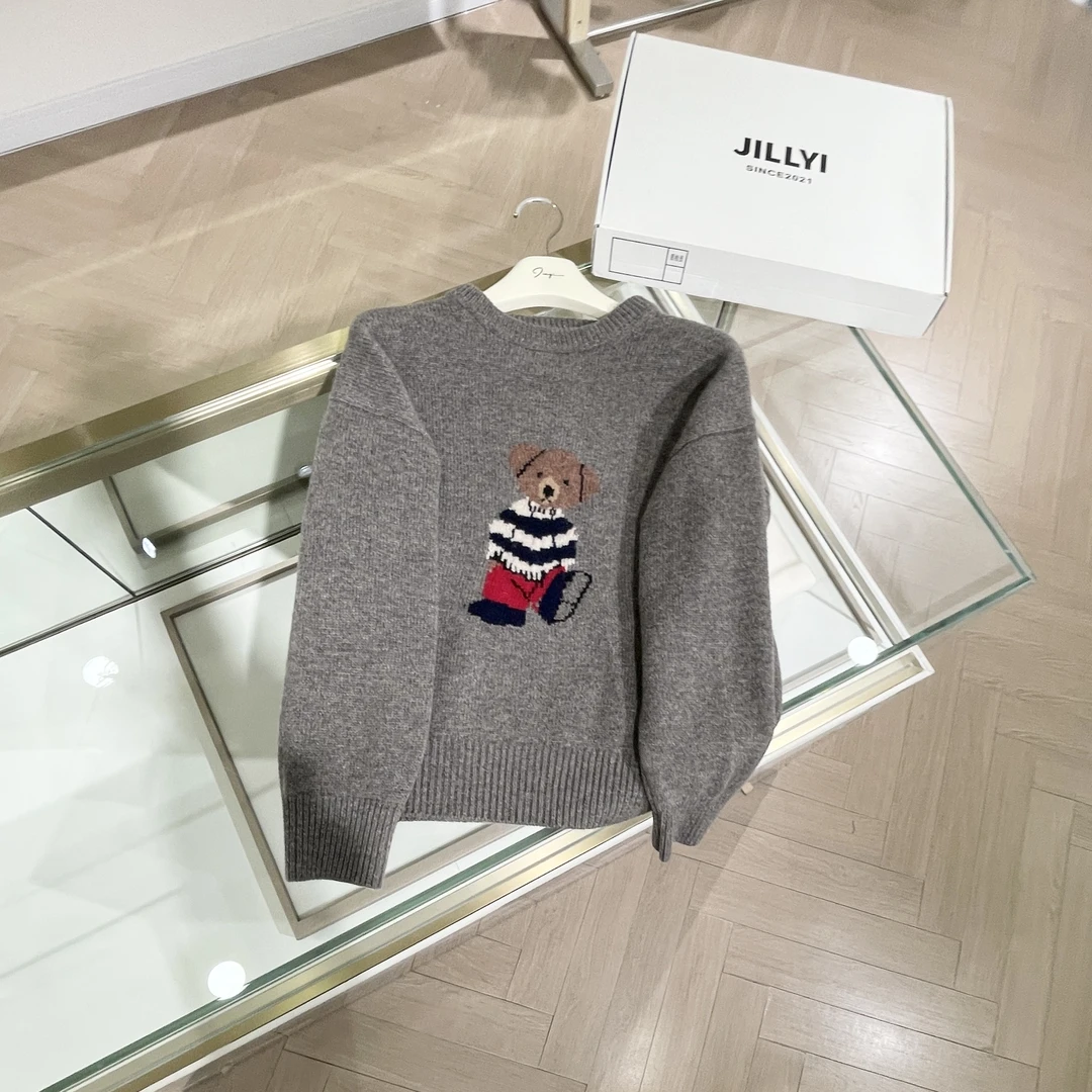 JILLYI【卡通定制】灰棕色圆领可爱小熊图案少女风时尚针织衫