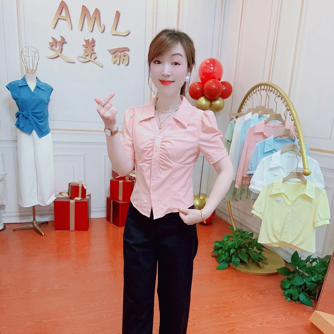 AML5 短袖设计感手工捏褶2025款气质显瘦百搭时尚短款衬衣女衬衫