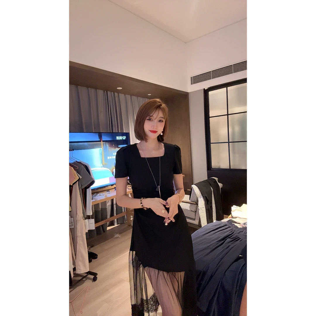 法式不规则蕾丝收腰连衣裙9207