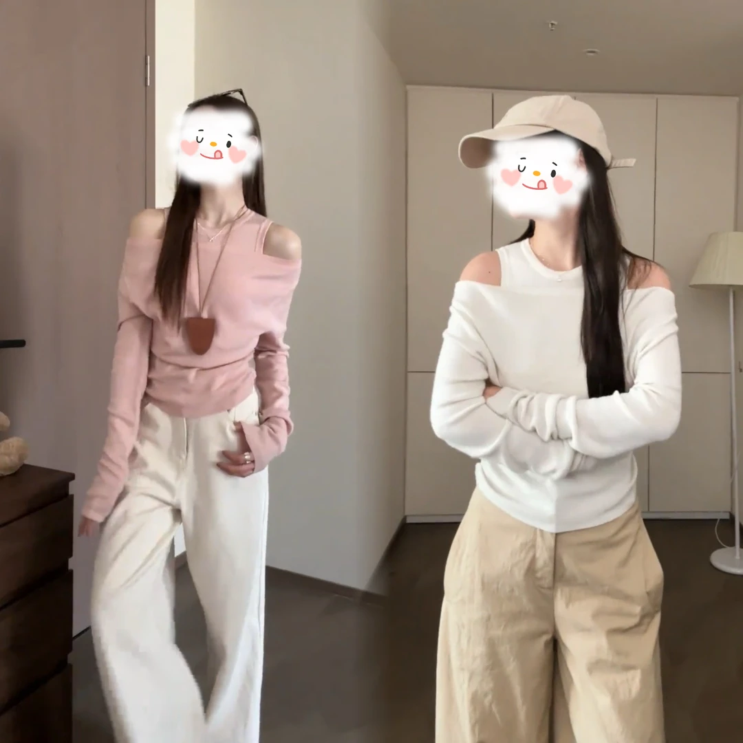 2025春季新款气质修身显瘦假两件毛针织衫女露肩上衣百搭休闲裤