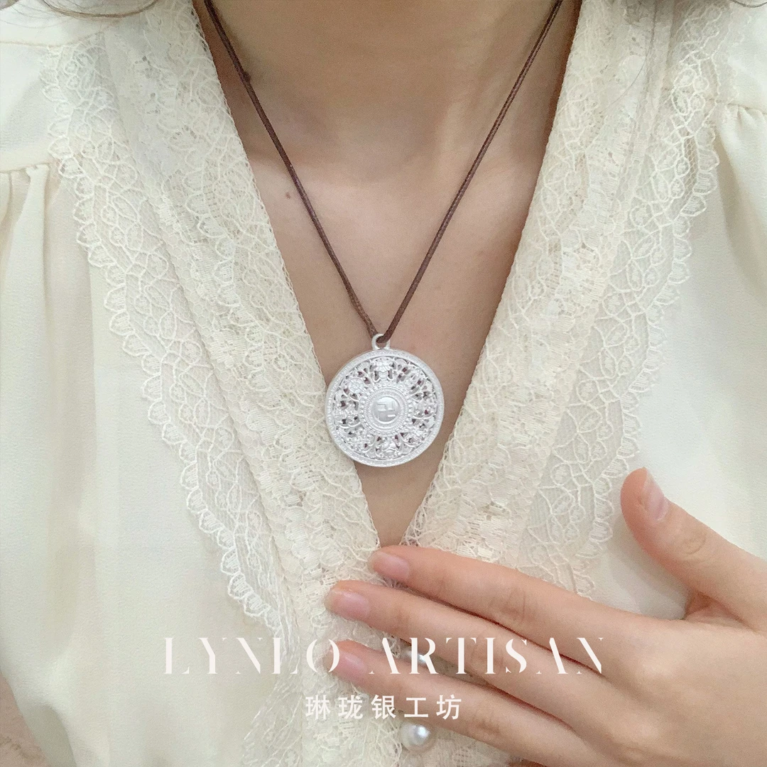 吊坠足银 琳珑银工坊[银福缠枝佩] 足银999.9 八宝罗盘吊坠民族风