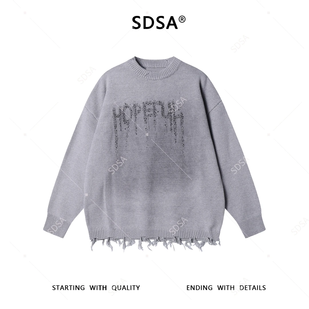 SDSA男士秋冬新款痞帅男装美式高街简约烫钻字母圆领毛衣百搭时尚