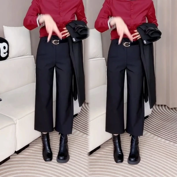 2025春季新款黑色高腰直筒法棍裤女宽松显瘦西裤百搭九分裤阔腿裤