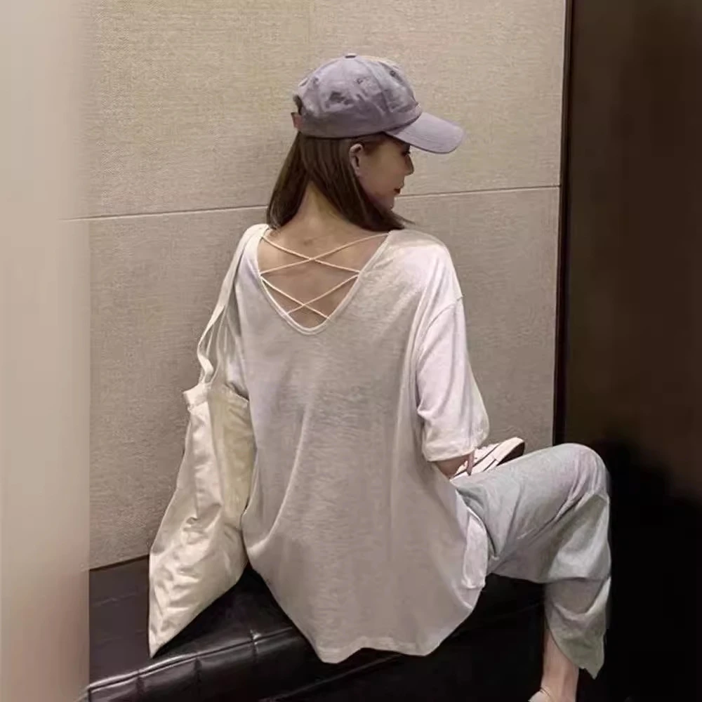 网红心机露背短袖T恤女韩版2025夏款宽松薄款显瘦中长款ins潮上衣