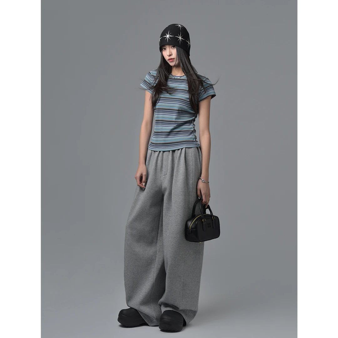 SIXI四喜家 懒人模式 分割花灰运动卫裤女春季垂感软糯阔腿休闲裤