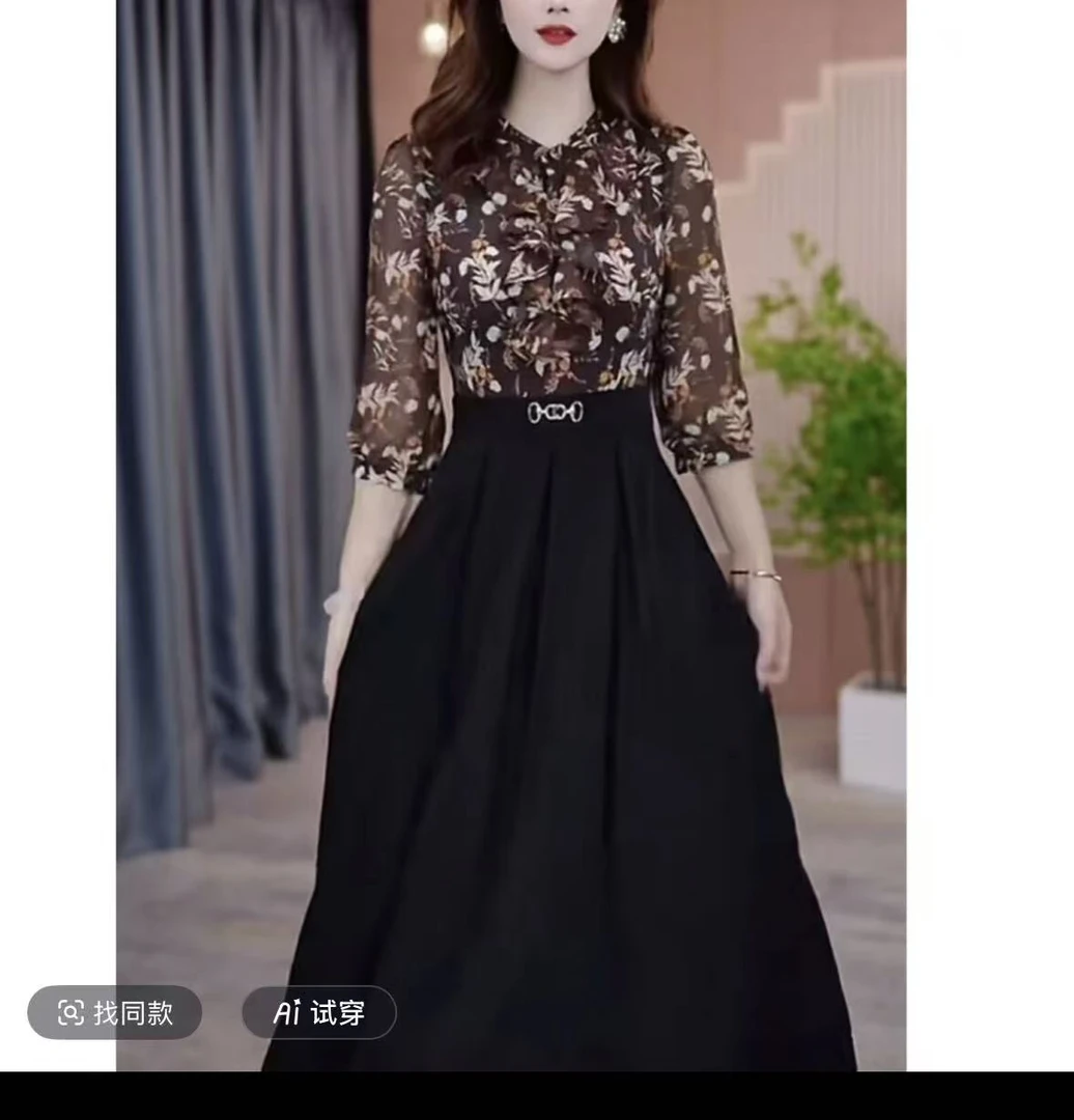 春季中长裙七分袖拼接修身连衣裙碎花复古长裙百搭1-068