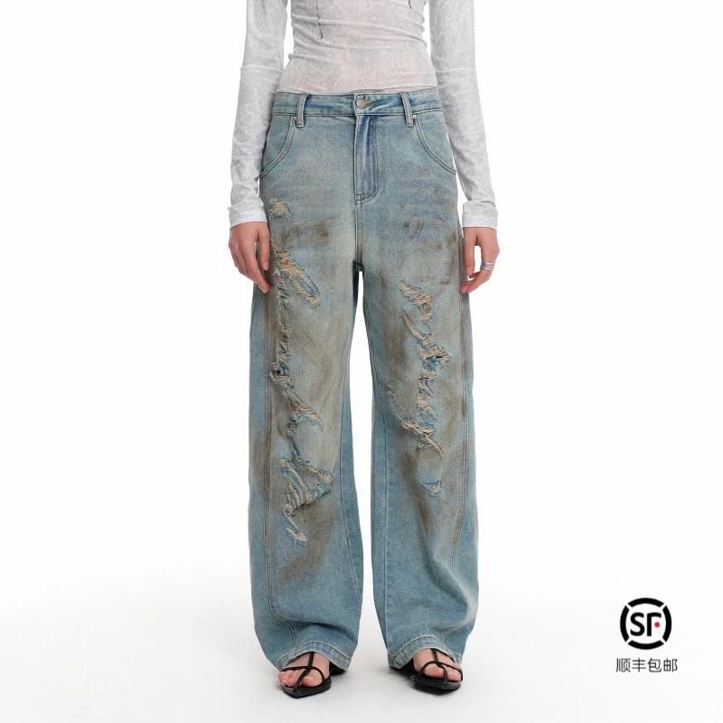 IMXS2025春季新款"New Horse Run"烧花破洞做旧泥染废土风牛仔裤