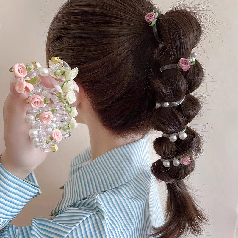 玫瑰气质编发电话线珍珠发圈头绳头饰女头绳盘发神器夏天2025新款