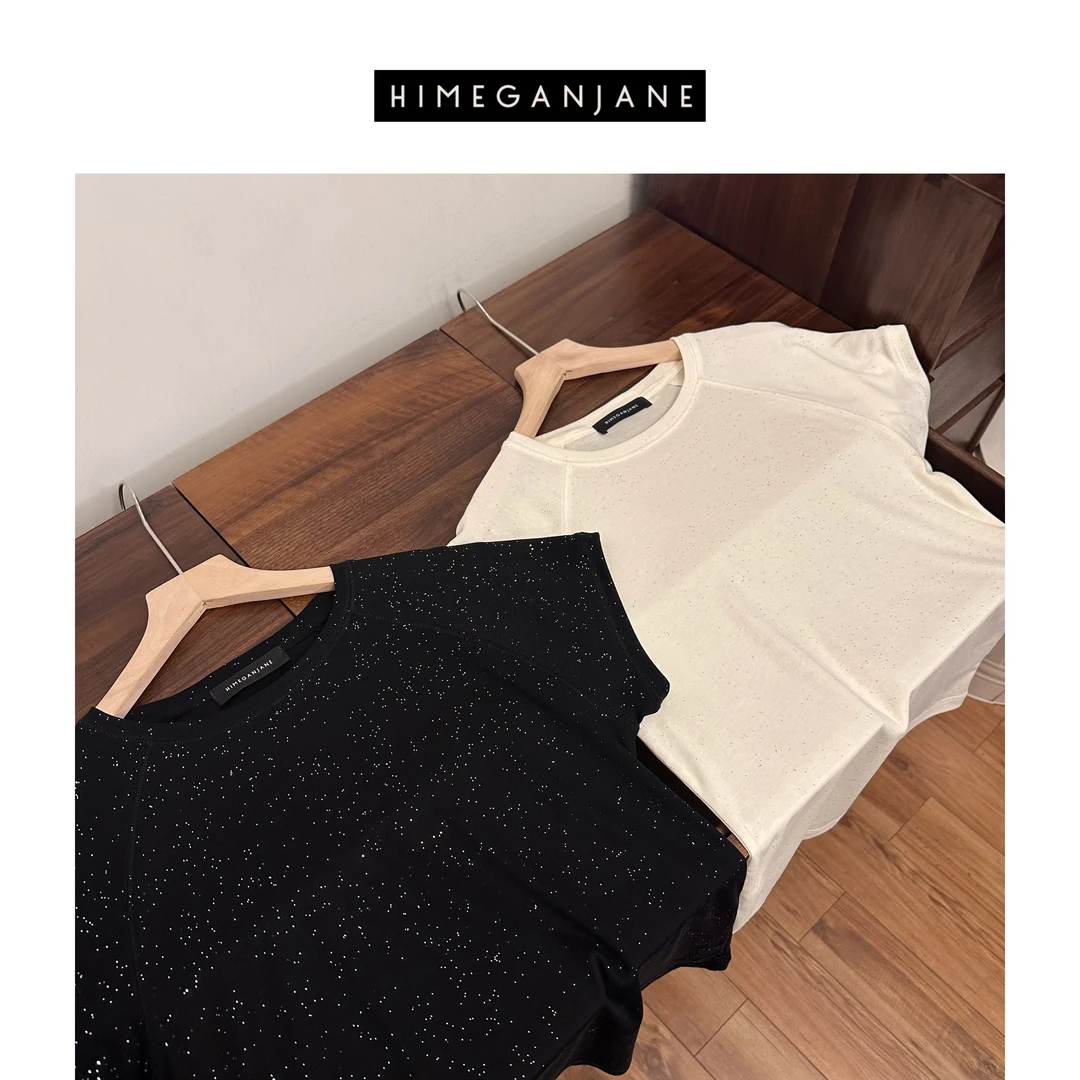 HIMEGANJANE “爆闪T”莱赛尔撒银细闪亮片简约短袖T 40550
