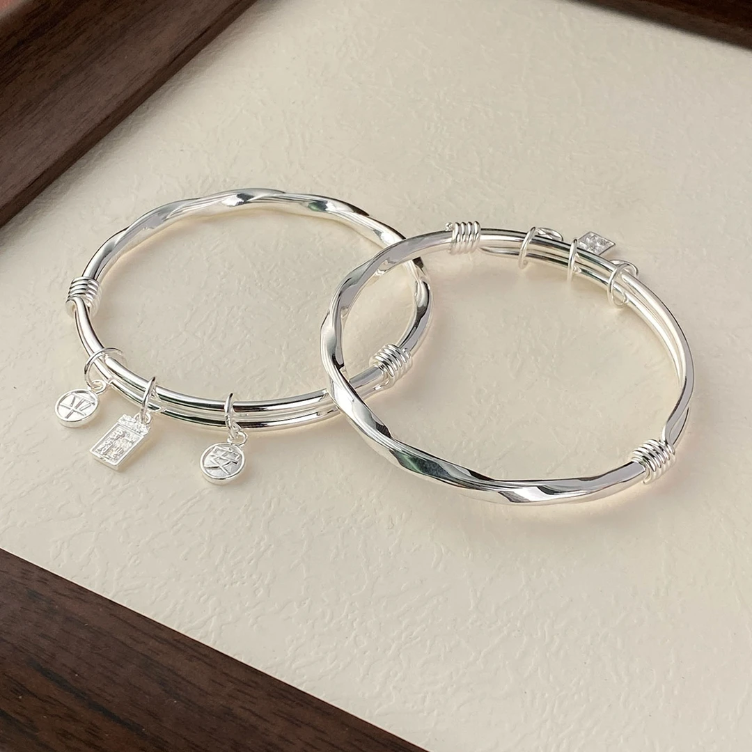 足银手镯 纯银莫比乌斯环平安喜乐绕丝999足银实心手镯送女友礼物