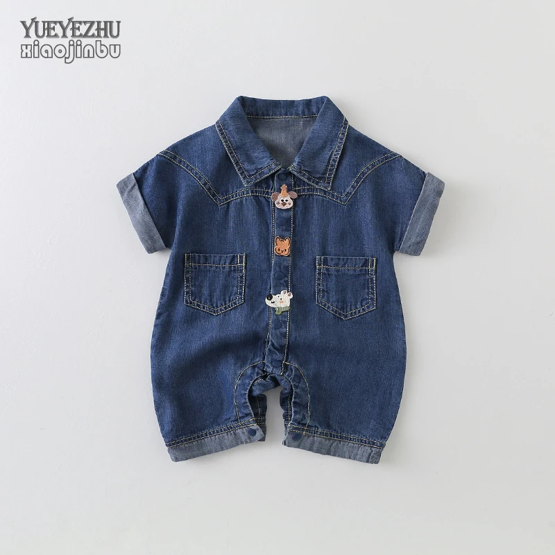 男宝宝帅气夏装短袖连体衣牛仔婴儿衣服夏季韩版卡通洋气哈衣爬服
