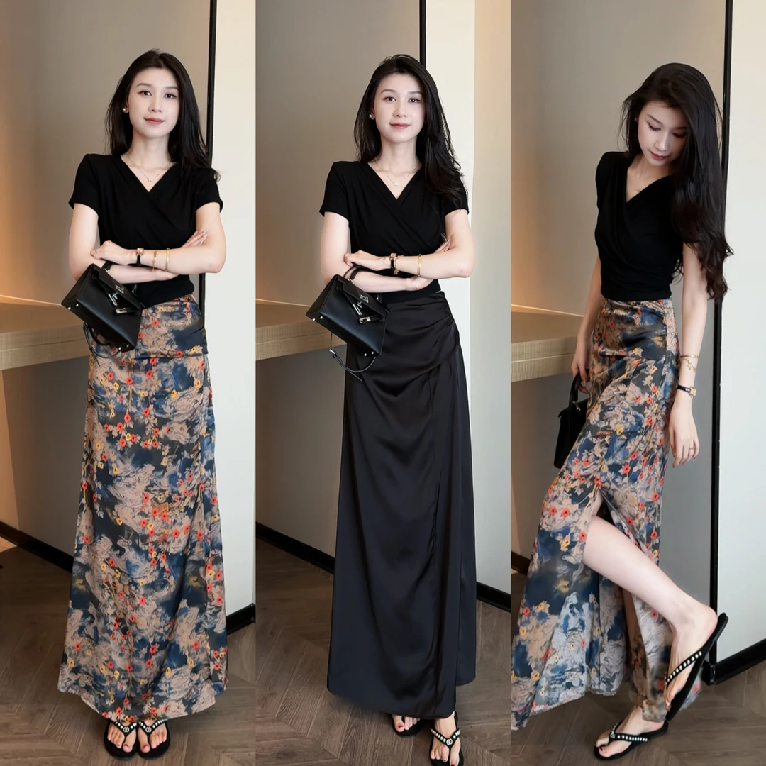 夏季新款百搭显瘦V领绑带上衣+气质显瘦压褶开叉半身裙套装