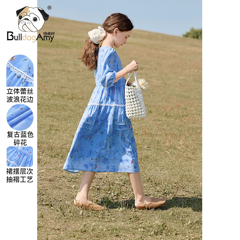 馋嘴狗童装女童碎花连衣裙2025夏秋新款儿童长袖蓝色裙子公主长裙