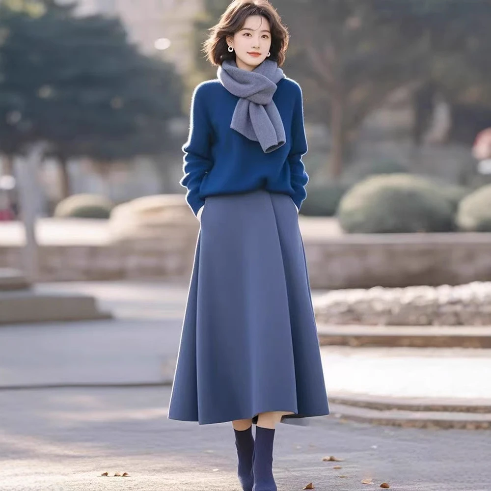 冬季穿搭一整套轻奢高级感盐系轻熟韩剧女主蓝色针织毛衣套装裙女