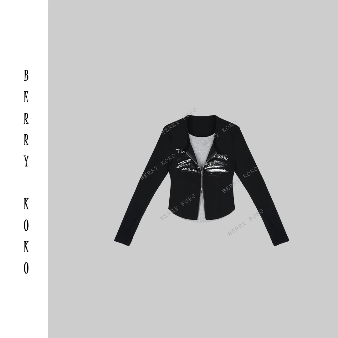 【MISSKO】早秋复古图案假2件拼色显瘦百搭针织开衫（双拉链假2件T12