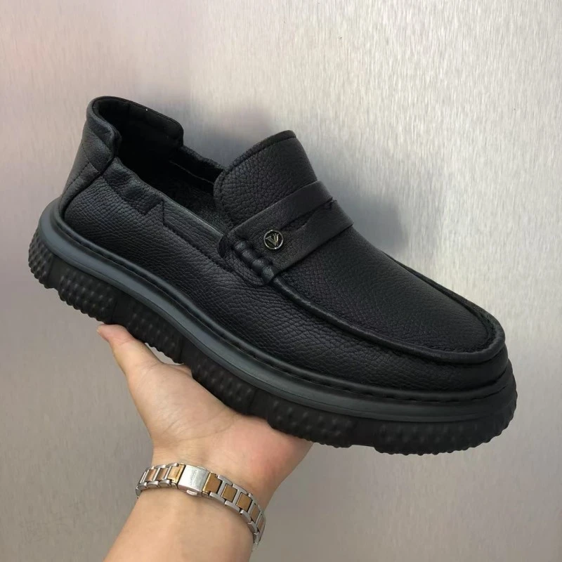 皮鞋男秋季新款真皮商务休闲百搭头层牛皮厚底增高一脚蹬豆豆男鞋