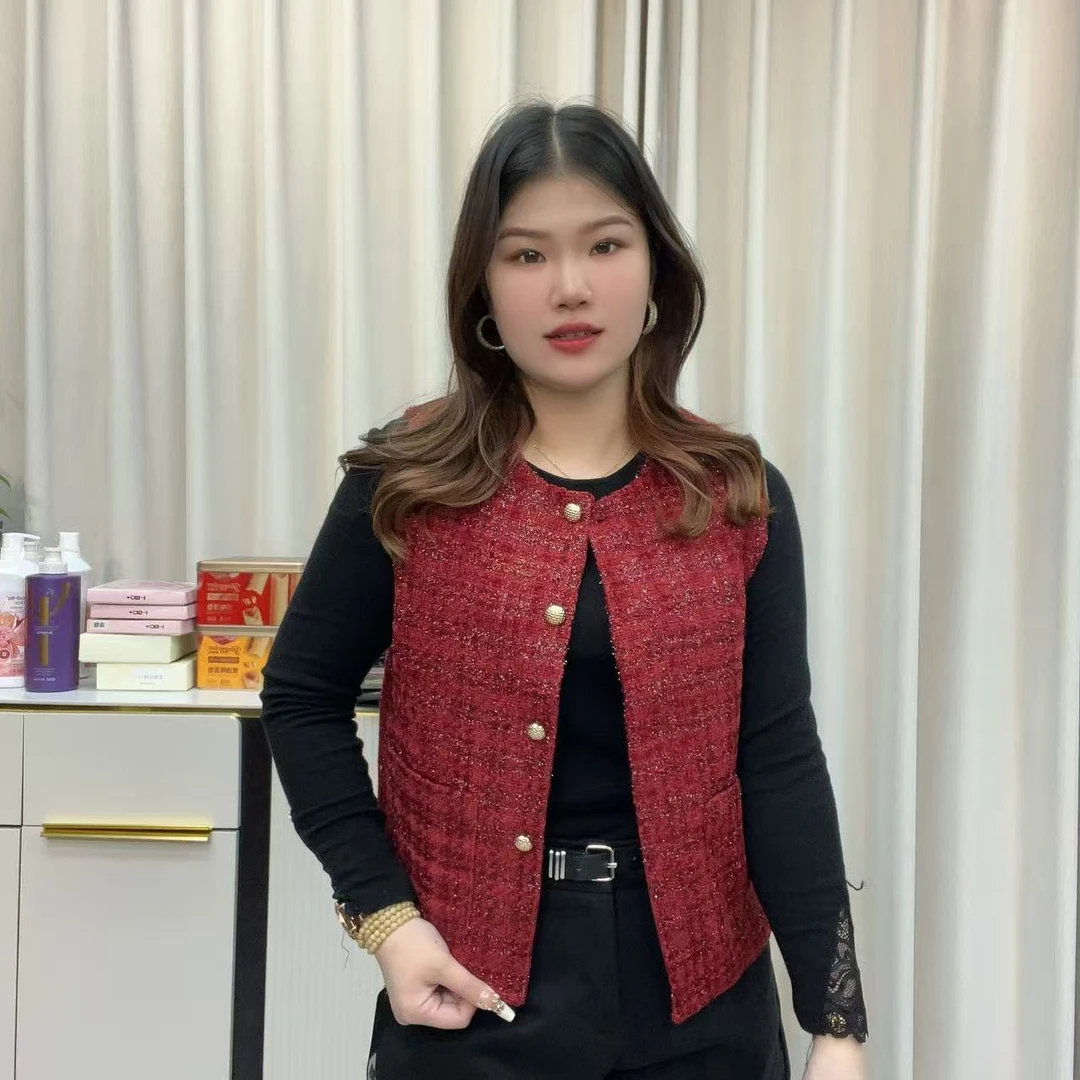 小鑫肝@现货浮力圆领小香风单排扣亮丝减龄百搭马夹 3005
